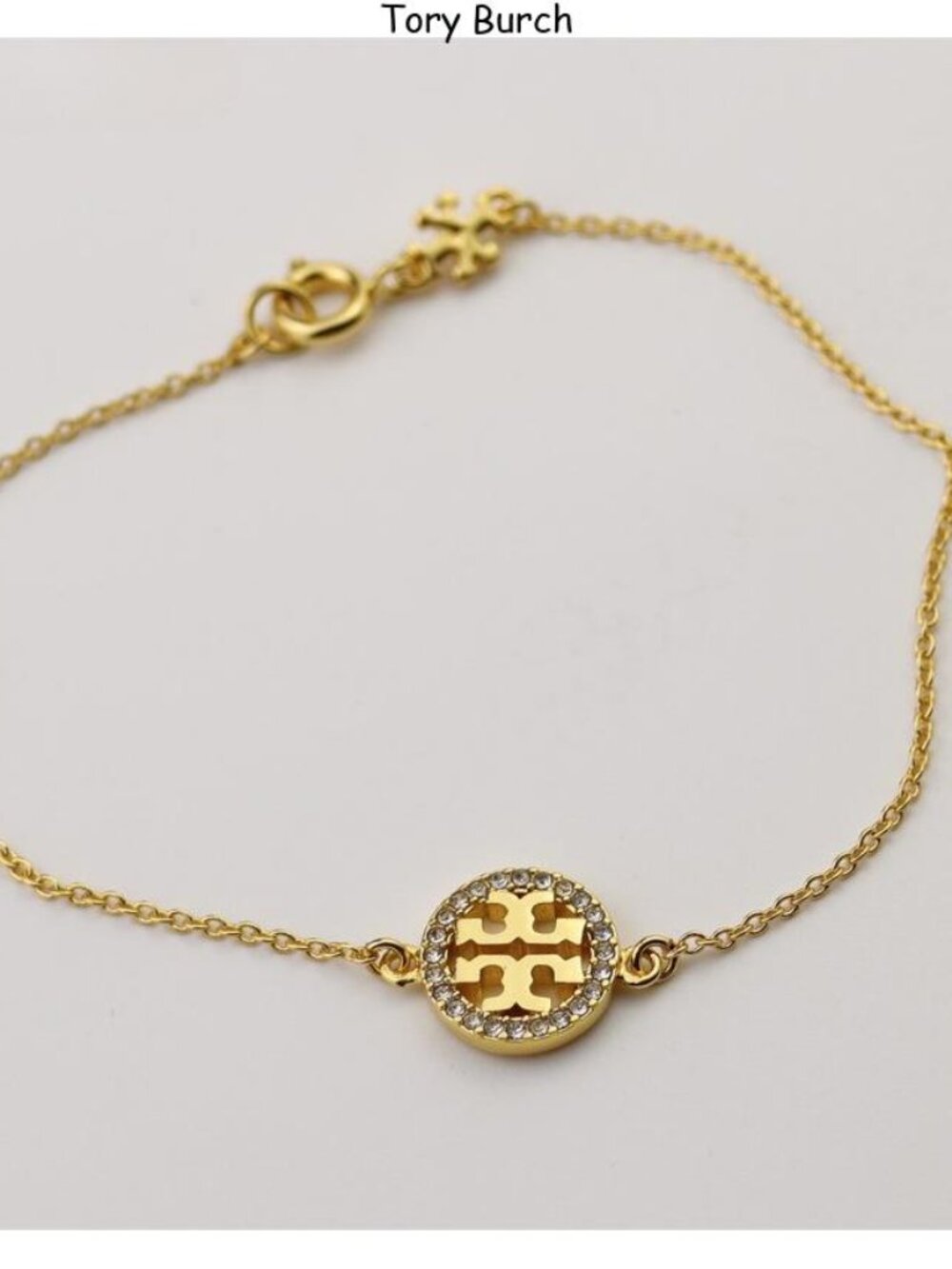 Tory Burch Gold Logo Disc Bracelet with Crystal Halo - Gold